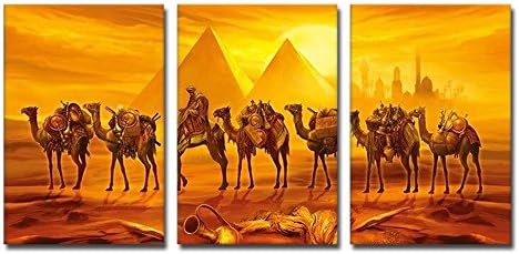 Elewlorn Desert Pyramid Landscape Canvas Prints Wall Art For Home Decor 3 Panel HD Pictures Egyptians Camels Walking in the Beautiful Sunset Scene Paintings