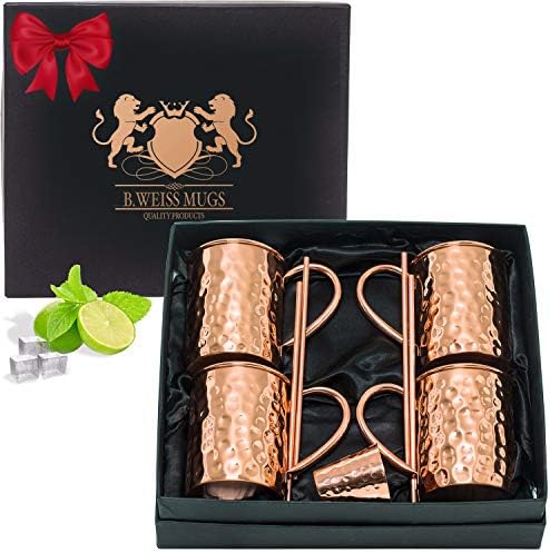 B. Weiss Moscow Mule Copper Mugs Set Of 4, Handmade Hammered Mugs 100% Pure Copper Comes In An Elegant Gift Box+4 Copper Straws+ 1 Copper Shot Glass (7290016978001)