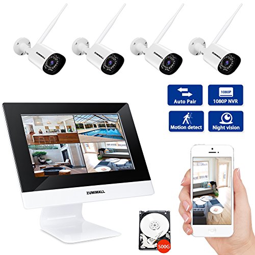 Wireless Home Security Camera System, 4 in 1 HD NVR with 10'' Monitor and WiFi Router â€“ 4x 1080P Cameraâ€™s, Motion Detecting for Indoor and Outdoor Use, Surveillance Kit with 500G Hard Drive