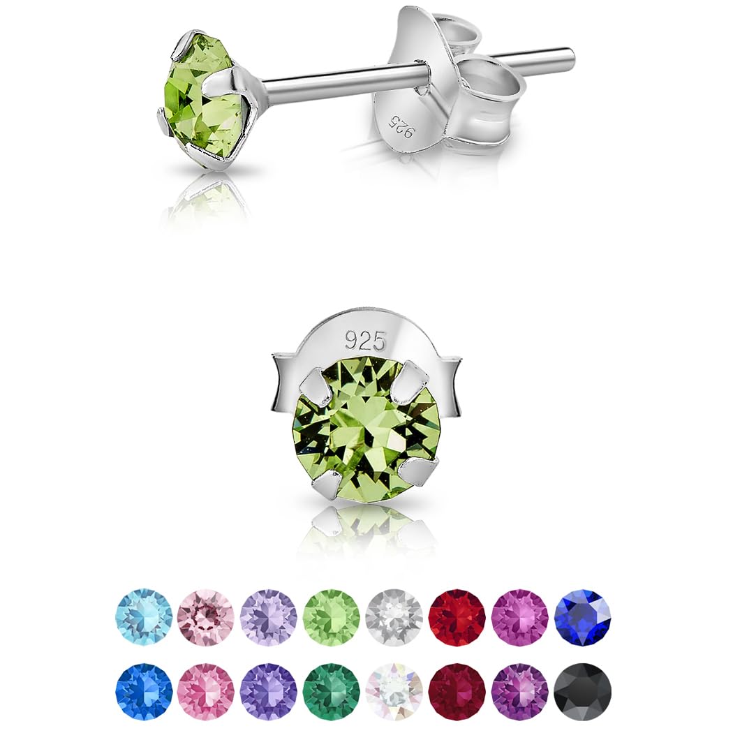 925 Sterling Silver Round SMALL Stud Earrings made with Glittering Crystals - Silver Studs Earrings for Woman - Diameter: 4 mm - Colour : Peridot