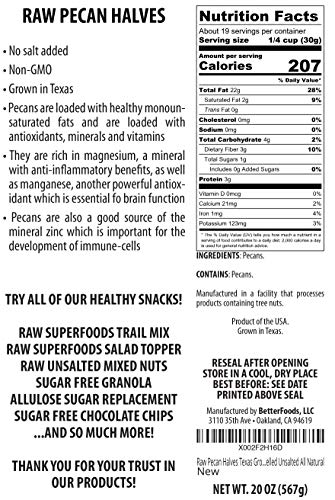 Raw Pecan Halves Texas Grown (No Shell, All Natural, Non-GMO, Kosher, In Resealable Bag, Nutrient Dense Low Carb High Fat Snack) 20oz