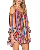Oyanus Womens Rainbow Stripe Open Shoulder Bell Sleeve Spaghetti Ruffle Beach Dress
