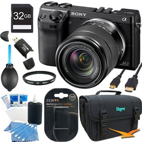 Sony NEX-7 NEX7KB NEX7K NEX7 24.3 MP Compact Interchangeable Lens Camera with 18-55mm lens BUNDLE with 32GB SD Card, Spare Battery, UV Filter, Card Reader, Mini HDMI Cable, Deluxe Case + More