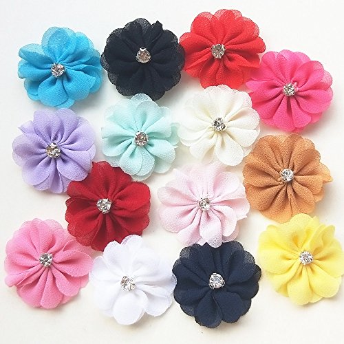 Mosheng Accessory 28pcs Chiffon Silk Beautiful Double-deck Flowers With Shiny Rhinestone Applique Handmade Craft Headwear Bows Wedding Party Home Decoration (Mix)