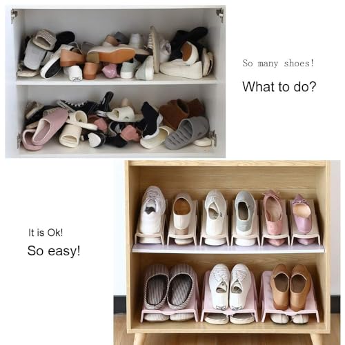 COOLive 4 Pcs Shoe Slots Organizer for Closet – 10 x 8.7 Inches, Space Saver, Double Layer Shoe Dividers for Shelves – Durable, Stackable Shoes Organizer for Closet | Fits Heels, Sneakers, Flats