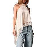 GCZREN Women Y2k Satin Sleeveless Mock Neck Lace Trim Tank Top Elegant Backless Asymmetric Hem Going Out Halter Tops