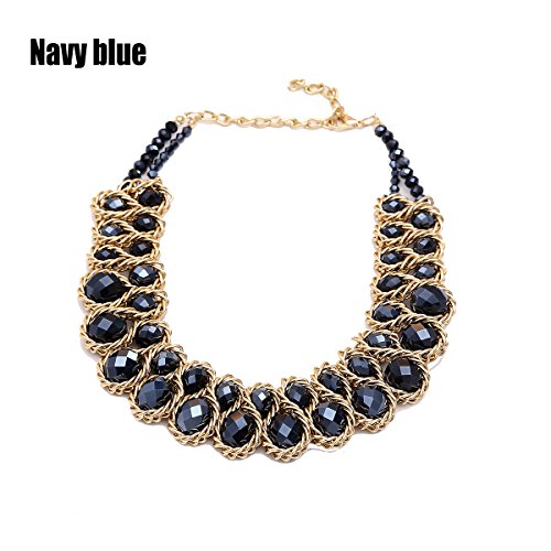 AWAYTR  Ladies Choker Necklace Gold Tone Fashion Statement Big Multi Color Crystals Navy blue