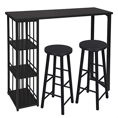 WOLTU BT26sz+BH130sz-2 1x Bartisch + 2X Barhocker Stehtisch Bistrotisch Bartheke Tresentisch, mit 3 Ablagefläche…