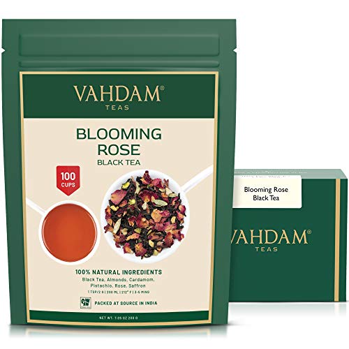 VAHDAM, Blooming Rose Tee (100 Tassen) | 100% natürliche schwarze Teeblätter, Rosenblüten, Mandeln, Kardamom, Pistazien…