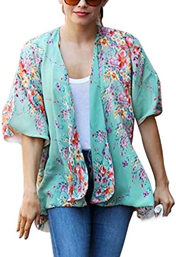 Womens Floral Chiffon Casual Cardigan - Bikini Half Sleeve Kimono Shawl Sun Protection Blouses Beach Wear Cover ups