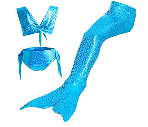 Chenzengdi Kids Girls Mermaid Tails for Swimming Swimwear Swimsuit 3 Pcs Bikini Sets (130cm/6-7 Years, Blue)