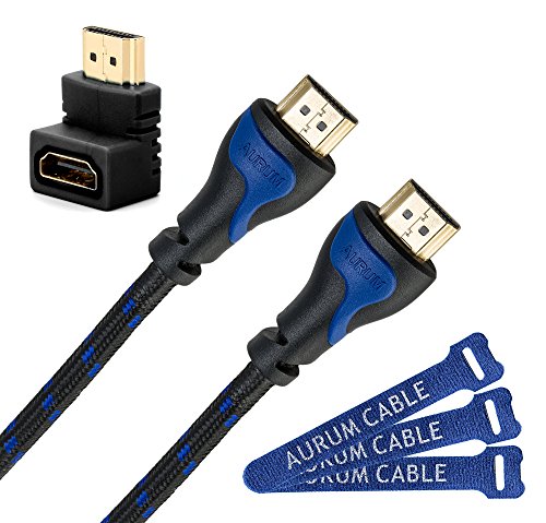 Aurum Cables - High Speed HDMI Cable with Ethernet - 100 Feet - Supports 3D & Audio Return Channel + Right Angle Adapter and Velcro Ties