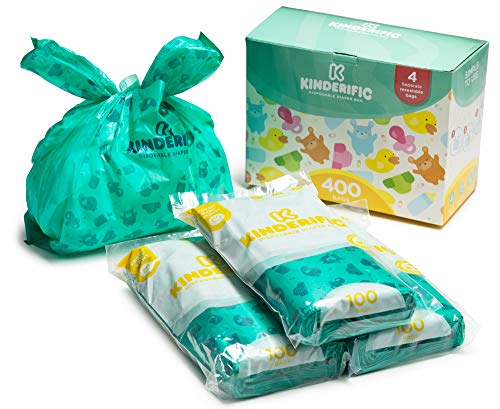 Disposable Diaper Bags, by Kinderific, Fresh Scent, Packed in 4 Resealable Ziploc Bags, 400 Bags