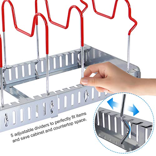 Lifewit Expandable Pan and Pot Lid Organizer Rack Holder Adjustable Kitchen Cabinet Pantry, 5-Tier Compartments Cupboard Bakeware Lid Plate Holder, Silver and Red