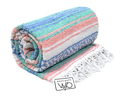 Light Teal and Coral Mexican Blanket - Authentic Mexican Flasa - Great Yoga Blanket, Beach Blanket, Picnic Blanket, or Mexican Throw! Handwoven - Thumbnail 3