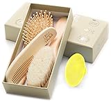 Wooden Baby Hair Brush and Comb Set (4-Piece) for Newborns and Toddlers | Ideal for Baby Cradle Cap | Wood Bristles Baby Brush | Baby Massage and Scalp Brush | Perfect for Baby Registry Gift Set | Hea
