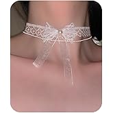 Lace Bow Choker Necklace for Women Pearl Layered Ballet Lace Collar Elegant White Lolita Gothic Party Neck Jewelry Romantic Adjustable Sheer Ribbon Fashion Statement Accessory Gift