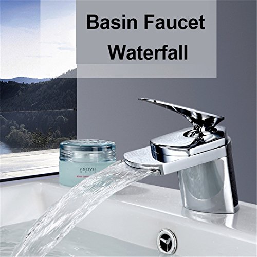 HANGESA Basin Faucet Waterfall Spout Single Handle Chrome Finish + Drain Solid Brass Para Bathroom Mixer Water Tap Ceramic Valve White