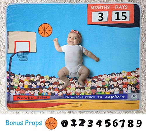Baby Monthly Milestone Blanket with Unique Basketball Design by EASIFE, Soft Thick Fleece Photography Background for Newborns with Bonus Photo Props - Perfect Baby Shower Gift