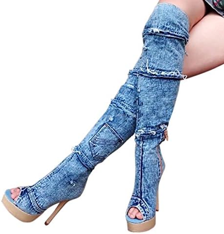 FootGift FootGift Women's Denim High Heel Punk Rock Over Knee Peep Toe Boots Jeans Blue US10