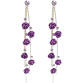 Handmade Elegant Red Purple Rose Flower Long Tassel Dangle Drop Stud Earrings with White Sparkly Crystal Statement Chic Jewelry for Women Teens