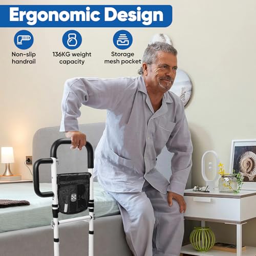 INCIKITI Bed Rail for Elderly Adults Bed Grab Rail Up to 136KG, Adjustable Heights Bed Safety Rails for Adults, Bed Handle for Getting Out of Bed with 2 Grab Bars and Storage Pocket