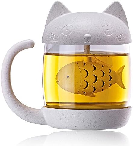 Kidac Tea Cup Personalised Mug Novelty Glass Teacup with Cute Cat lid and Fish Tea Infuser 8.5 OZ. / 250 ml