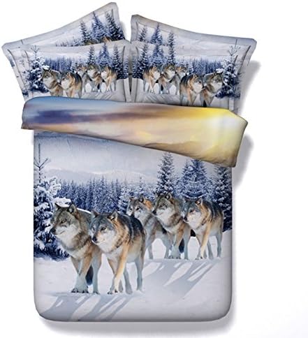 Luckey1 Comforter Sets Queen Size Wolf Print 3D Bedding Sets, Cotton Comforter/Duvet/Quilt Cover with White Comforter 5 Pieces,1 Duvet Cover, 1 Comforter,1 Flat Sheet, 2 Pillowcases (Queen 5 Pieces)