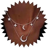 Yheakne Boho CZ Moon Star Necklace Choker Silver Layered Northstar Necklace Rhinestone Crescent Pendant Necklace Layered Crescent Necklace Chain for Women Festival Jewelry