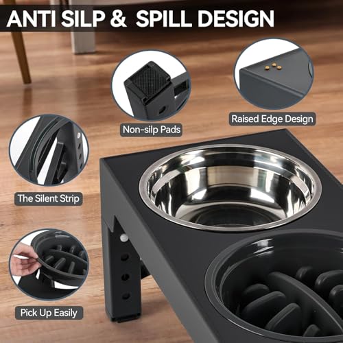 Beauenty Elevated Dog Bowl,5 Height Adjustable Elevated Slow Feeding Dog Bowl,With Anti Slip Feet,With 2 Stainless Steel Bowls And 1 Slow Feeding Dogs Bowl,For Small/Medium/Large Dogs Cats(Black)