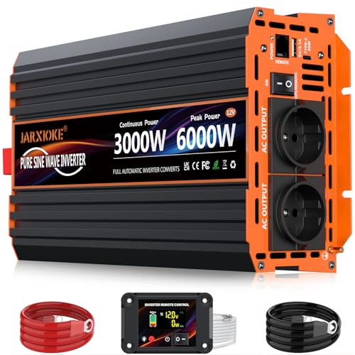 3000 W Inverter 12 V to 230 V Pure Sine Wave Voltage Converter with 2 EU Sockets, 30 W USB-C, 5 V 3.1 A USB, LCD Remote Control, for Caravans, Trucks, Solar Energy, Peak Power 6000 W