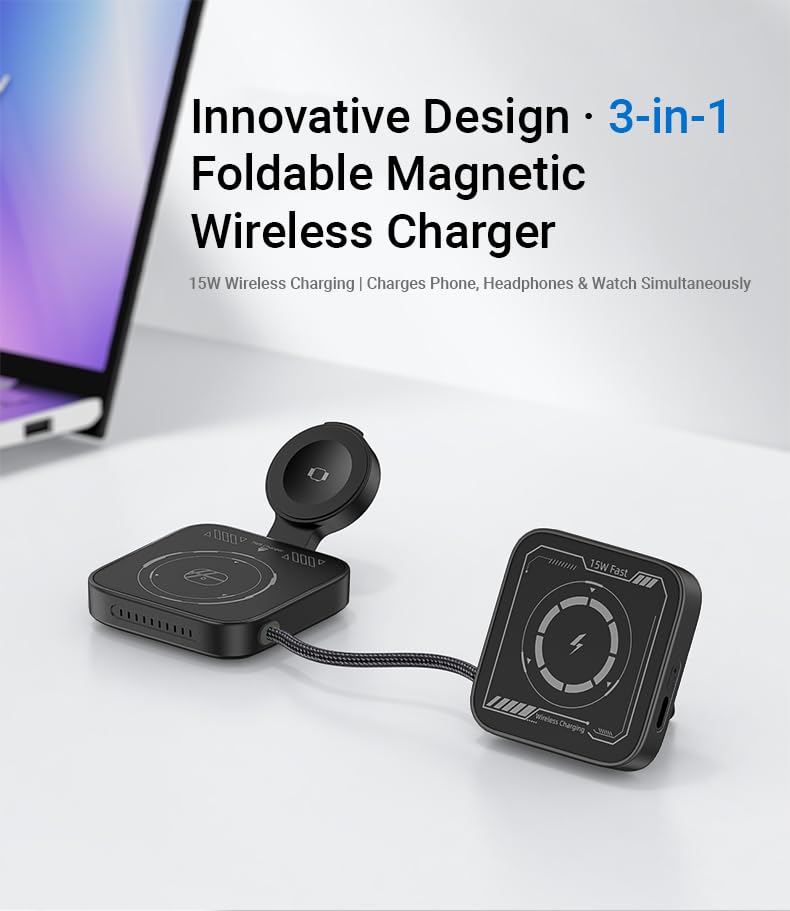 3 in 1 charging station for Magsafe, Magnetic Portable Charger for iPhone 17/16/14/13,Airpods Apple Watch & Earbuds - 15W Fast Charging,Mini Foldable Wireless Charger for Purse, Travel Essentials