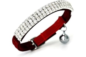CHUKCHI Soft Velvet Safe Cat Adjustable Collar Bling Diamante with Bells,11 inch for Small Dogs and Cats (Red)
