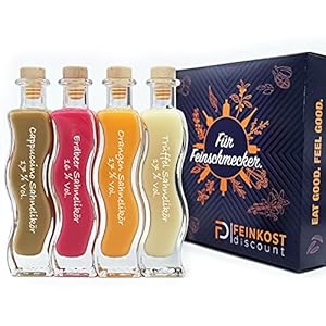 GeschenkBOX & Probierset | 4 x 100ml | Mann und Frau | Trüffel Sahnelikör 17% vol. – Orangen Sahnelikör 17% vol. – Erdbeer Sahnelikör 16% vol. – Cappuccino Sahnelikör 17% vol. | Feinkost Set