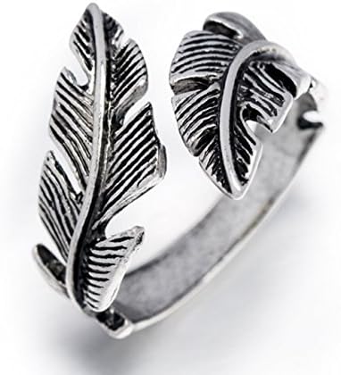 Sterling Silver folk style feather ring (adjustable) (A-black Feathered ring)