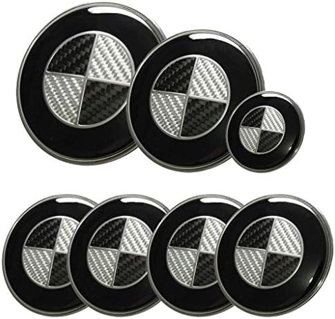 7pcs Round Emblem Set Badge Front Hood 82mm + Back Trunk 73mm + 45mm Steering Wheel Sticker + 68mm Wheel Caps Cover + Black White Carbon Logo Design Car Series 1,3,5,7,M & X 2, E30 E36 E34 E60 E65