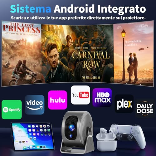 Mini Projector [Integrated Apps & 2026 Upgraded] Support 4K 1080P, Portable Projector Auto Focus/Keystone with WiFi 6 and Bluetooth 5.4 Correction 360°Rotation, Mini Projector Home Theater – Grey