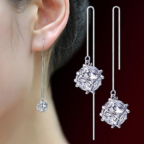 Women 925 Silver Zircon Square Cube Tassel Drop Earrings