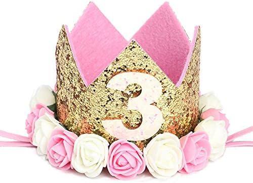 PetZDM Toddler Baby Rose Flower Sequins Crown 1st 2st Birthday Party Hat Headband Hairband (Pink 3)