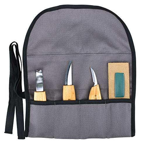 ETEPON Wood Carving Tools Set Knifes for Spoon Carving, Whittling Knife + Hook Knife + Detail Knife + Sharpening Leather Strop + Polishing Compound in a Portable Canvas Bag Roll ET014