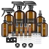 Glass Spray Bottle, Amber Glass Spray Bottles Set Roller Bottles for Essential Oils, Cleaning Products or Aromatherapy (16OZ x2, 8OZ x1, 4OZ x1, 2OZ x2 Dropper Bottle, 10ML x4 roller bottles)