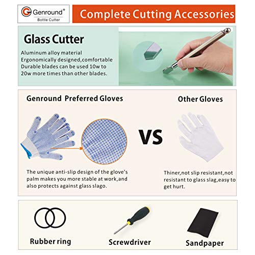 Genround G2.1 Glass Bottle Cutter Bundle Glass Cutter Cut Round Bottle from Neck to Bottom for DIY Projects, Glass Cutter Tool with Oil Feed Glass Cutting Tool, Gloves, Sanding Paper, Isolation Rings