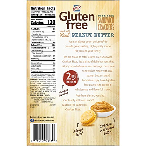 Lance Gluten Free Sandwich Crackers, Peanut Butter, Snack Bags 8 Count