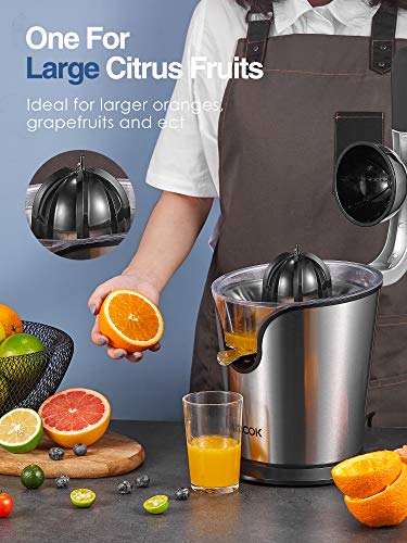 AICOK Orange Juicer Electric Citrus Juicer with Humanized Handle, Powerful 160W Silent Motor Stainless Steel BPA-Free, Two Size Cones for Grapefruits, Orange and Lemon, Silver