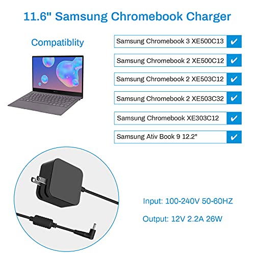 UL Listed 12V 2.2A 26W Charger Laptop AC Adapter Power Supply Cord Compatible with Samsung Chromebook 3 2 XE500C13 PA-1250-98 XE501C13 XE303C12 XE500C12 XE503C12 XE503C32 Tablet 11.6