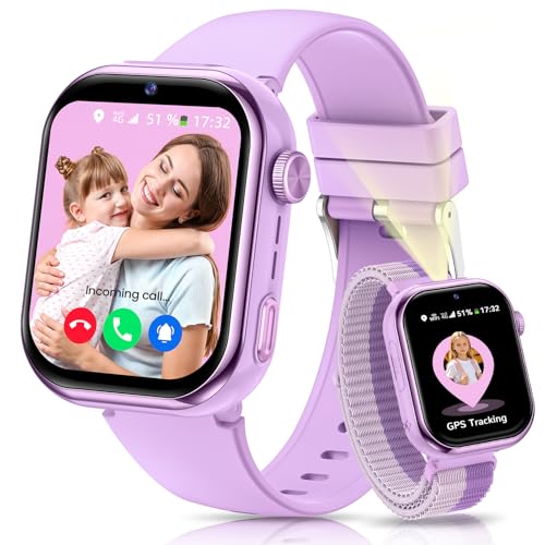 4G Children's Smartwatch GPS Watch with Video Calls, Voice Chat, School Mode, Dual Camera, Alarm, Pedometer, IP68 Calculator Smart Watch for Boys and Girls, Purple