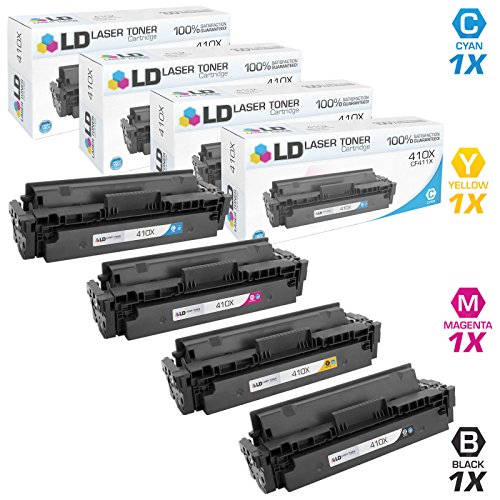 Compatible Replacements for HP 410X 4PK High Yield Toner Cartridges: 1 CF410X Black, 1 CF411X Cyan, 1 CF413X Magenta, and 1 CF412X Yellow