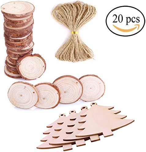 10 Pcs Wood Tag Unfinished Wooden Tree Cutouts And 10 Pieces Unfinished Predrilled Wood Slices with Holes Round Log Discs with String Christmas Tree Ornaments Christmas Wooden Hanging Plaque Christm