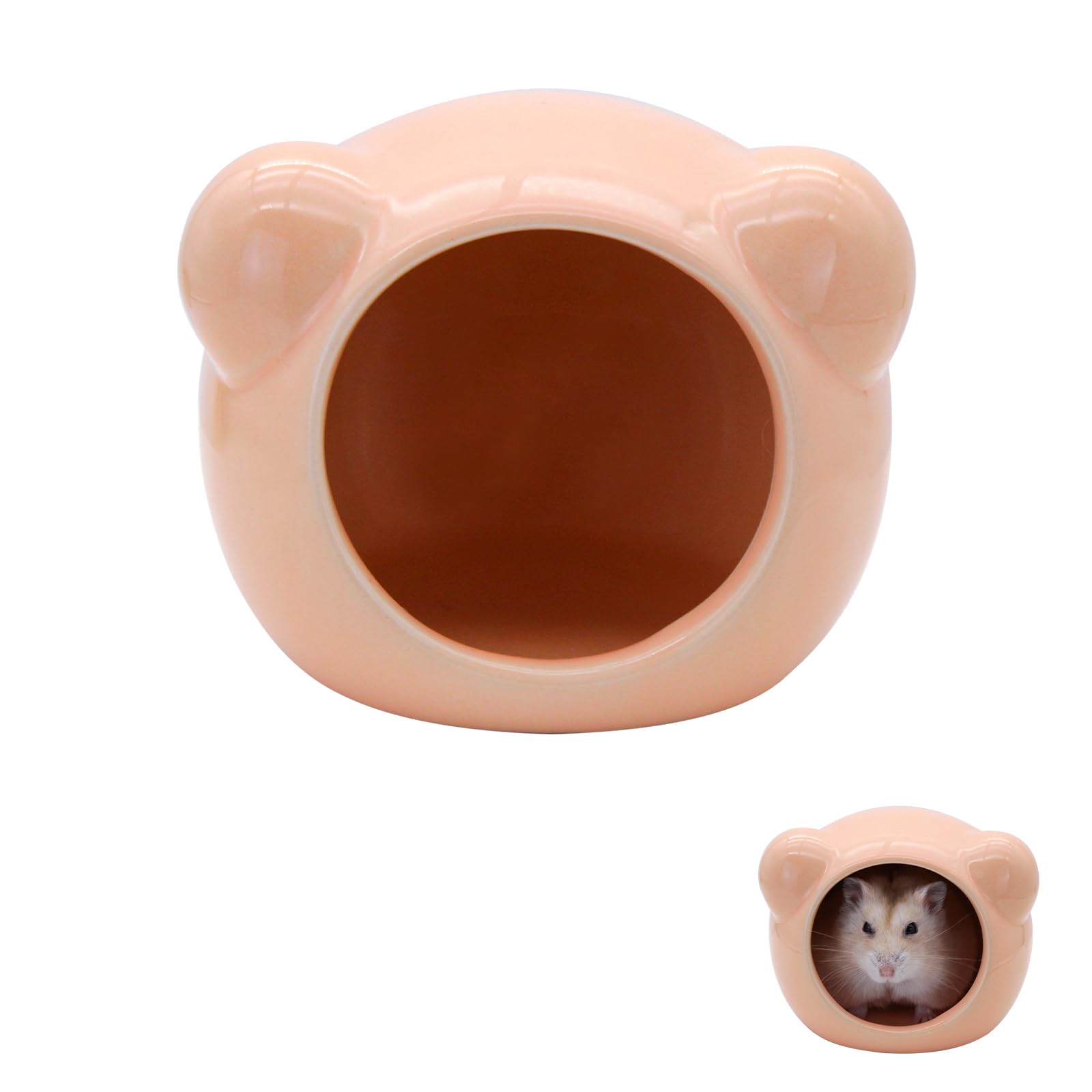 LuckyOpt Ceramic Hamster House, Cute Bear Shape Hamster Cave, Small Animal Summer Cool Hamster Hideout Habitat for Gerbil Mice, Chinchilla, Dwarf and Syrian Hamsters (Orange)