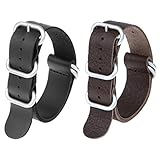 2pc 22mm Nato Ss Leather Strap Black , Brown Leather Replacement Watch Strap with silver clasp